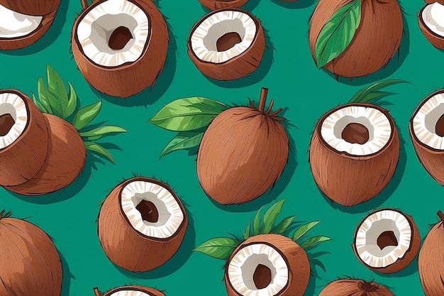 Fruit de noix de coco de dessin animé avec un visage heureux et une feuille verte sur le dessus