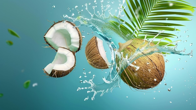 Un fruit de noix de coco frais réaliste avec des feuilles d'eau éclaboussée