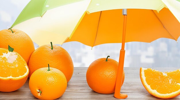 Fruit d'orange coupé et jus avec parapluie
