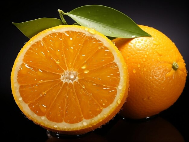 Fruit d'orange frais avec des gouttes d'eau sur un fond blanc