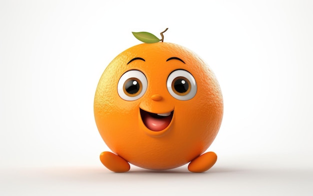 Photo fruit d'orange juteux et sain dans un petit visage mignon personnage 3d isolé sur fond blanc