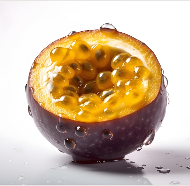 Fruit de la passion avec des éclaboussures d'eau sur fond blanc ai génératif