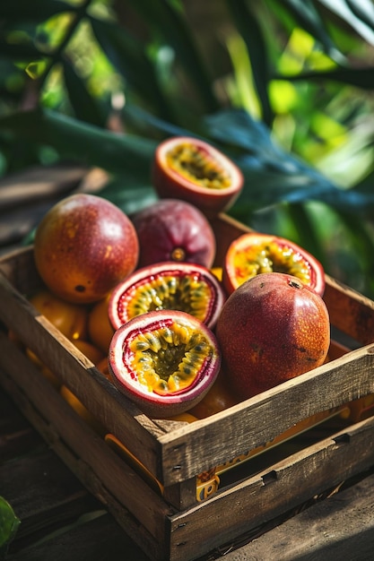 Fruit de la passion frais avec feuilles dans une boîte en bois Fruits tropicaux Espace libre pour le texte