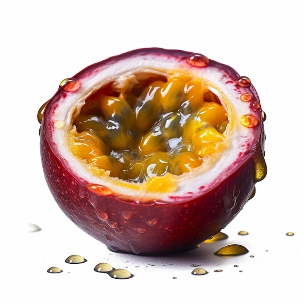 Un fruit de la passion avec une goutte de liquide dessus