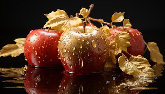 Photo un fruit de pomme avec des gouttes d'eau visibles à la feuille dorée