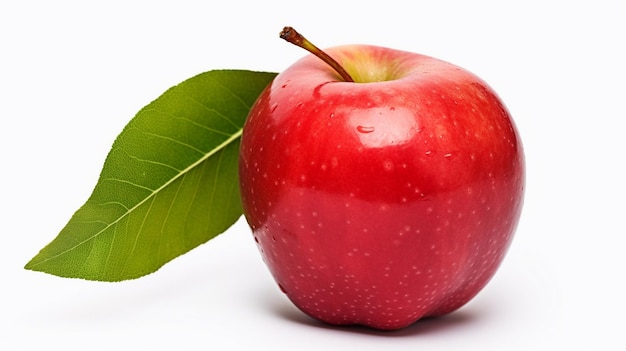 fruit de pomme rouge avec feuille verte isolée sur blanc