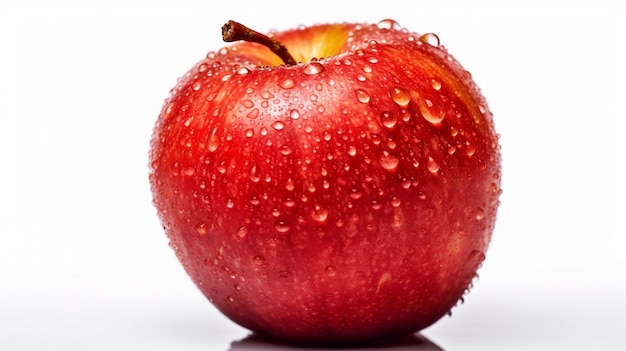 fruit de pomme rouge avec des gouttes d'eau isolées sur le blanc