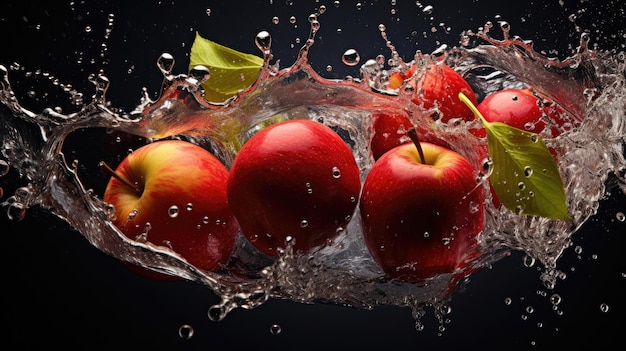 Fruit de pomme rouge organique frais et mûr coupé en deux et tombant dans l'eau et éclaboussant