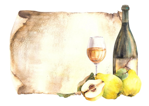 Photo fruit de quince avec une bouteille de boisson au vin sur fond de papier vintage illustration à l'aquarelle