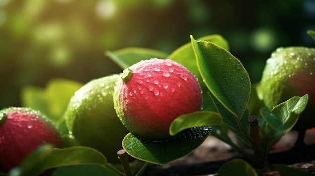 Un fruit rouge sur un arbre avec le soleil qui brille dessus