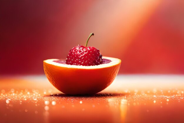 Un fruit rouge avec une fraise dedans