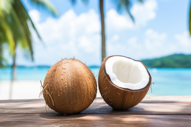 Photo fruit tropical de noix de coco sur la plage de l'île de koh phangan près de la mer thaïlande de près