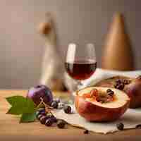 Photo un fruit et un verre de vin sont sur une table