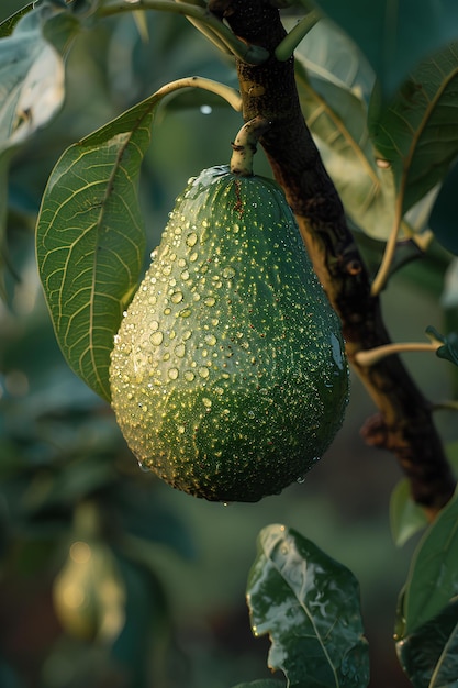 Un fruit vert suspendu à un arbre avec des feuilles et des gouttes d'eau