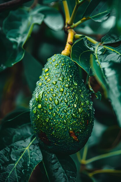 Un fruit vert suspendu à un arbre avec des gouttes d'eau dessus