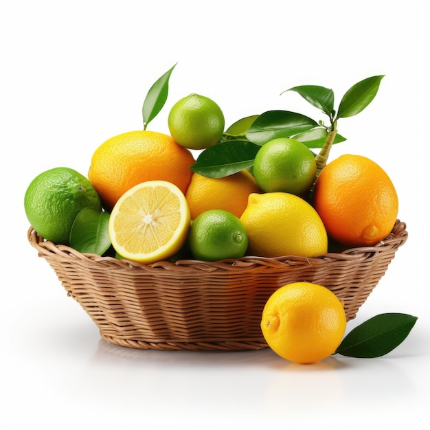 Fruits d'agrumes assortis citrons citrons et oranges dans un panier isolé IA générative