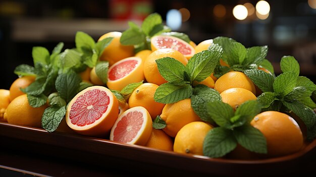 Fruits d'agrumes citron citron grenouille et orange à la fois en moitié et en fruits entiers avec feuilles IA générative