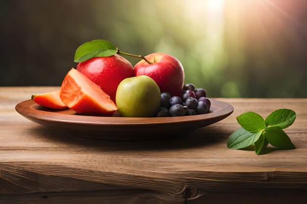 des fruits sur une assiette en bois avec le soleil derrière eux