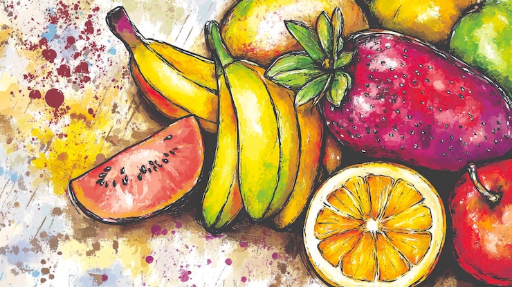 Photo fruits assortis pour un calendrier illustré séparément à l'aquarelle avec des illustrations magistrales
