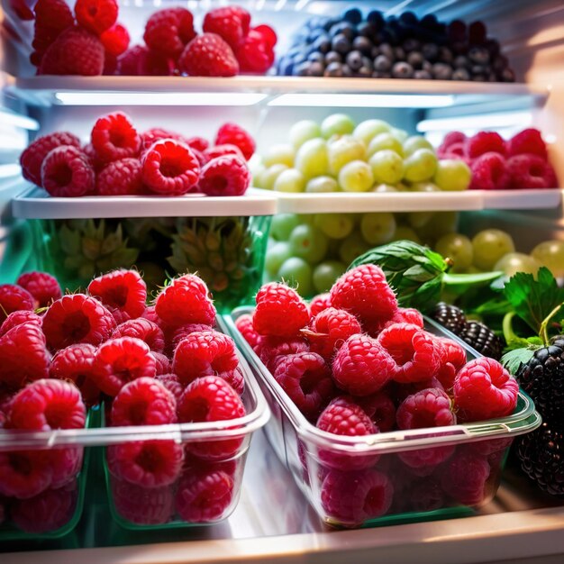 Photo fruits de baies fraîches conservés soigneusement dans des récipients en pâte transparente organisés