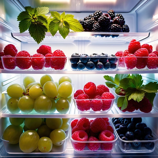 Photo fruits de baies fraîches conservés soigneusement dans des récipients en pâte transparente organisés