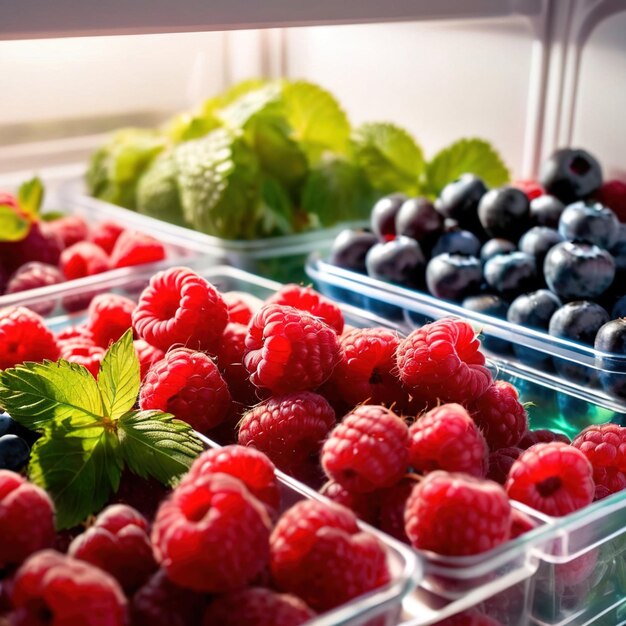 Photo fruits de baies fraîches conservés soigneusement dans des récipients en pâte transparente organisés