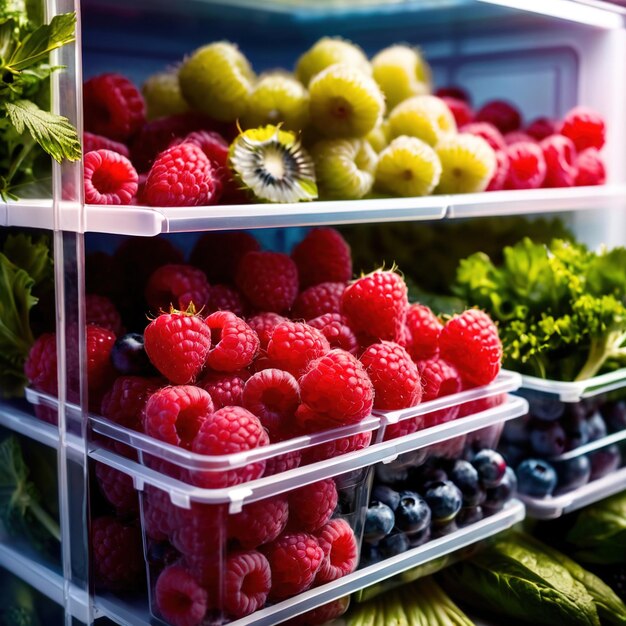 Photo fruits de baies fraîches conservés soigneusement dans des récipients en pâte transparente organisés