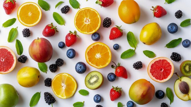 Fruits et baies frais assortis sur fond blanc Oranges citrons pommes fraises