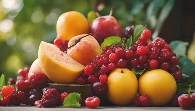 Des fruits et des baies sur une table en bois dans un jardin d'été