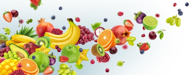 Fruits et baies tropicaux volants isolés sur fond blanc Nutrition végétarienne saine Ingrédients de salade d'été exotiques en chute libre