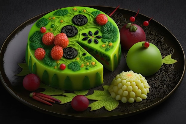 Fruits et baies vert vif sur le gâteau shu de dessert traditionnel chinois créé avec l'ai générative