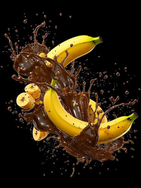 Fruits banane avec Splash chocolat sur fond noir