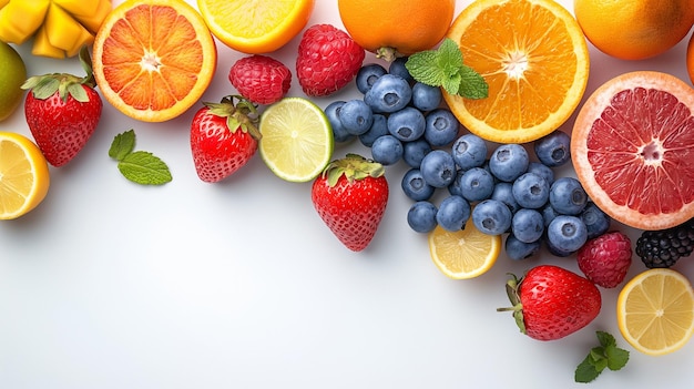 Fruits bénéfiques pour la santé avec des accessoires et des ingrédients alimentaires sains isolés sur un fond blanc Vue supérieure Copier l'espace pour le texte Illustrations d'IA générative