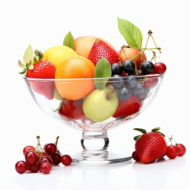 Fruits biologiques frais dans un bol de verre isolé sur fond blanc