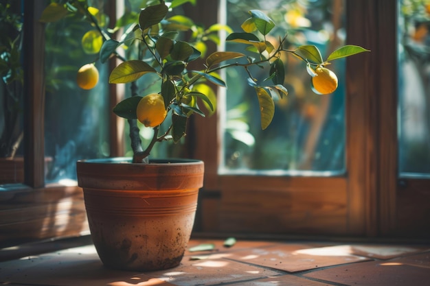 Fruits de citrons biologiques sur l'arbre dans le pot IA générative