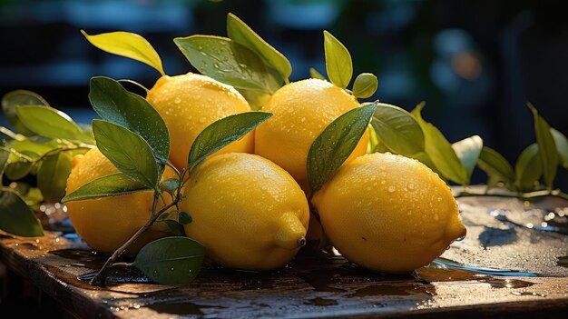 des fruits de citrons jaunes délicieux sur une table en bois avec un fond noir et flou