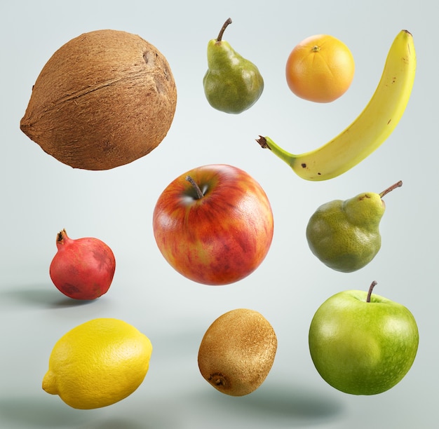 Fruits colorés sur fond blanc, illustration de rendu 3D