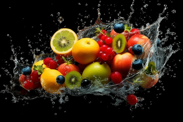 Fruits dans un bol avec des éclaboussures d'eau autour