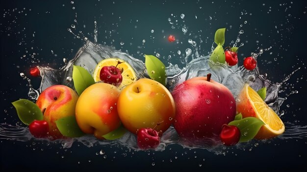 Fruits dans l'eau avec une éclaboussure