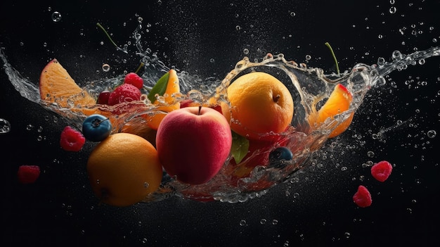 Fruits dans une éclaboussure d'eau