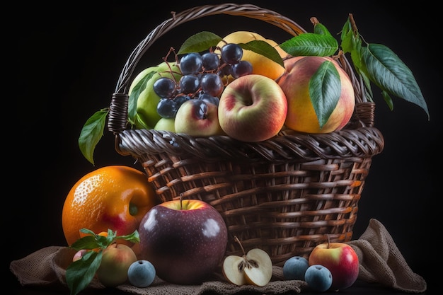 Fruits dans un panier nature morte sur fond sombre