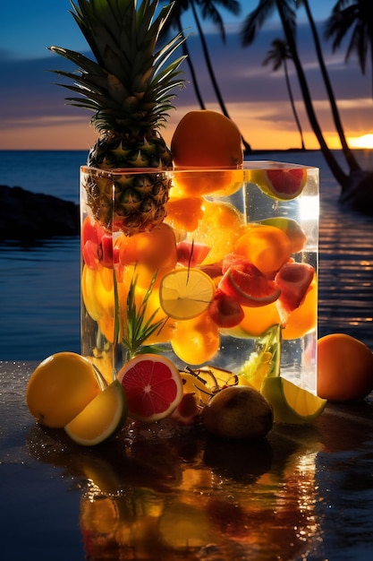 fruits dans un pot avec un coucher de soleil sur l'eau