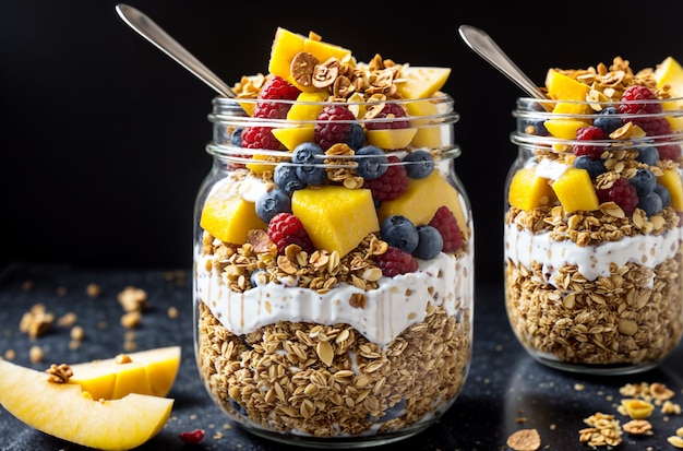 Des fruits délicieux, du granola sain et des baies mélangées