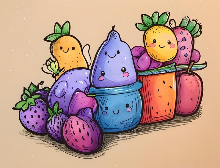 Photo fruits de dessins animés colorés et mignons illustration pour papier peint ou arrière-plan de la meilleure qualité exquis