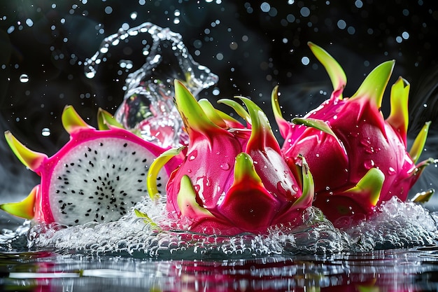 Des fruits de dragon vibrants éclaboussés d'eau sur un fond sombre