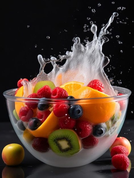 Fruits éclaboussant dans l'assiette avec de l'eau Délicieuse éclaboussure bio dans l'eau AI générative