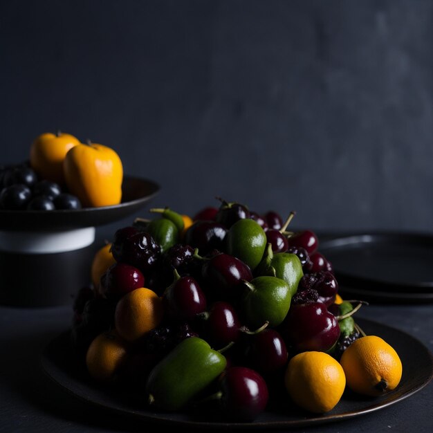 fruits entassés sur une assiette dans la cuisine vue de côté v27