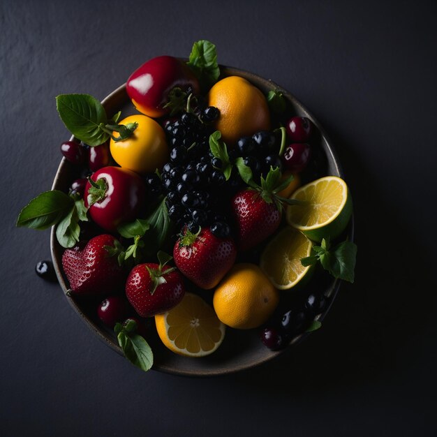 fruits entassés sur une assiette dans la cuisine vue de côté v2