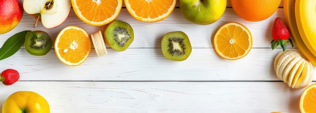 Des fruits et un espace de texte apparaissent sur un fond en bois blanc avec une demi-pomme à gauche et des kiwis disposés sur une table blanche.