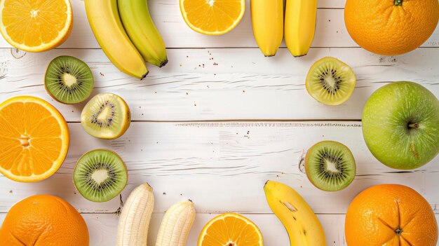 Des fruits et un espace de texte apparaissent sur un fond en bois blanc avec une demi-pomme à gauche et des kiwis disposés sur une table blanche.